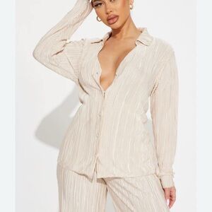 Cream Textured Button-Up Shirt and Pants Set fashion nova size XL